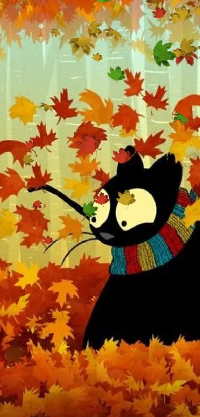 Cartoon cat in autumn leaves with colorful scarf; forest background.