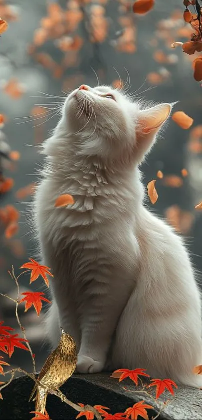 White cat in an autumn breeze with falling leaves.