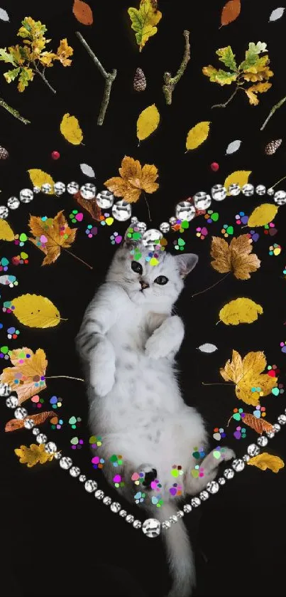 White cat surrounded by colorful autumn leaves in a heart shape on a black background.