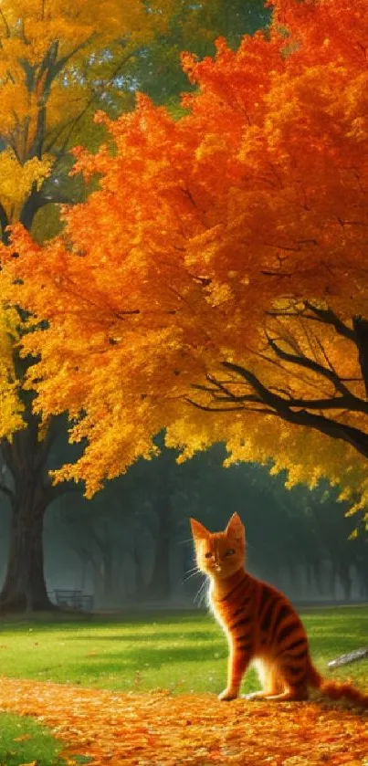 Orange cat sitting under vibrant autumn trees.