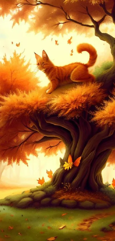 Orange cat on autumn tree with falling leaves.