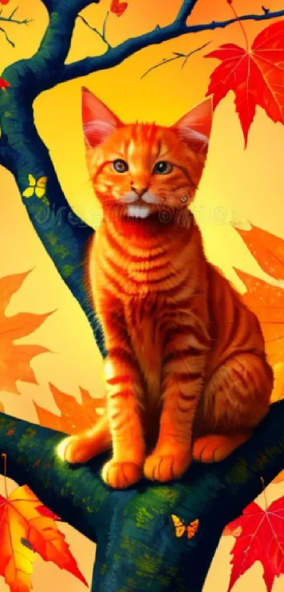 Orange tabby cat on a tree with vibrant autumn leaves.