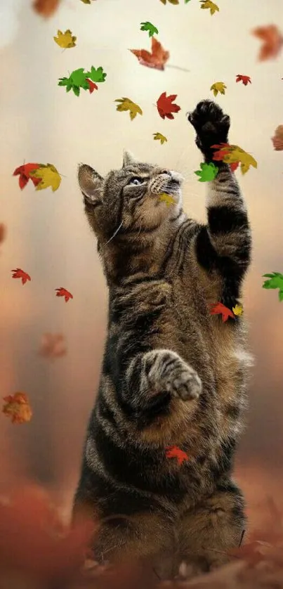 Tabby cat reaching for autumn leaves in a serene setting.