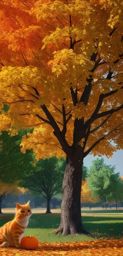 Orange cat sits under golden autumn tree with vibrant leaves.