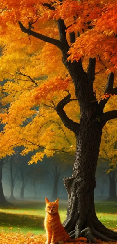 Orange cat sitting under an autumn tree with vibrant orange leaves.