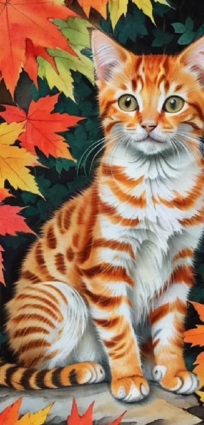 Cute tabby cat surrounded by colorful autumn leaves in a forest setting.