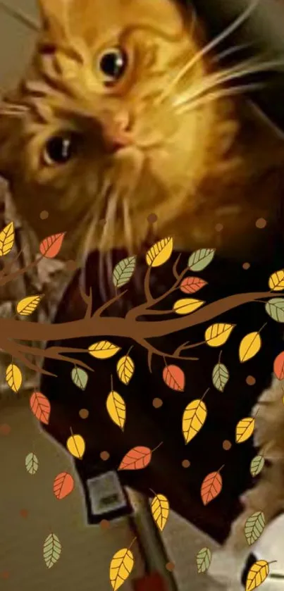 Cat with autumn leaves falling, creating a cozy mobile wallpaper scene.