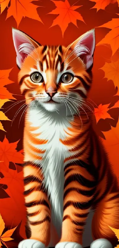 Adorable kitten amidst orange autumn leaves on mobile wallpaper.