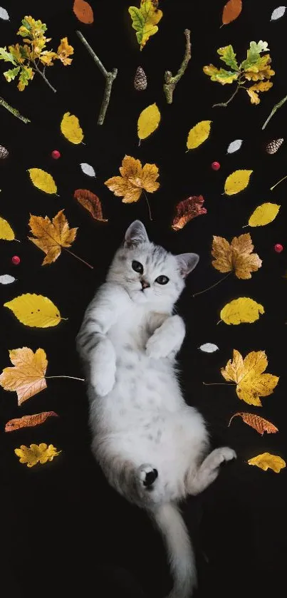 Cute cat lying among colorful autumn leaves on a black background.