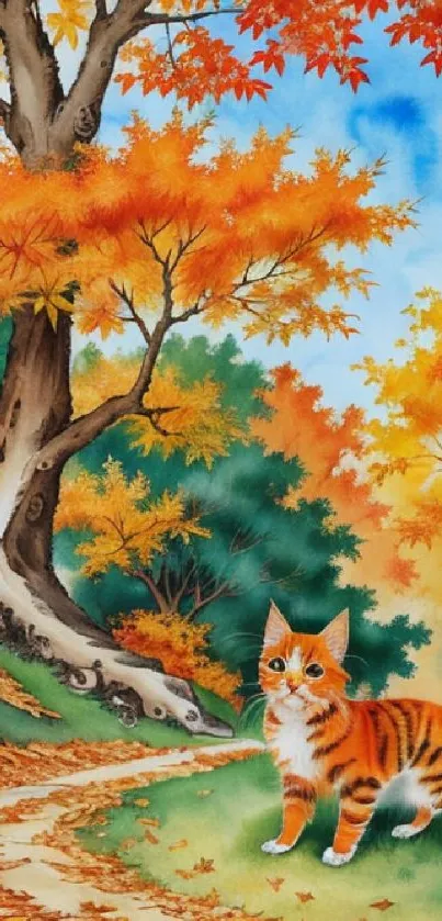 Cat wandering in an autumn forest with orange leaves and a tree-lined path.