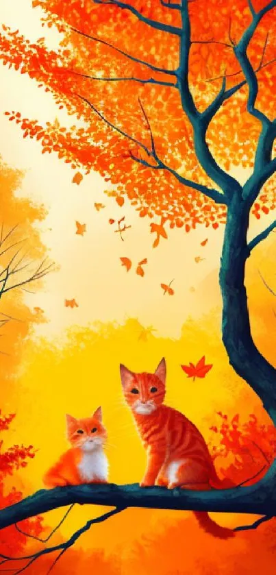 Two orange cats on a tree branch in an autumn forest scene.