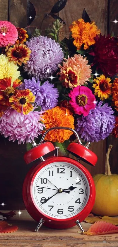 Red alarm clock with colorful autumn flowers.