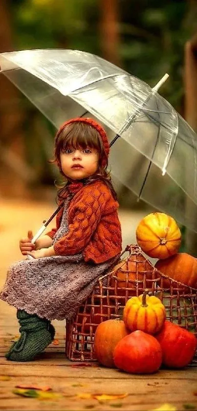 Child with umbrella and pumpkins in autumn setting.