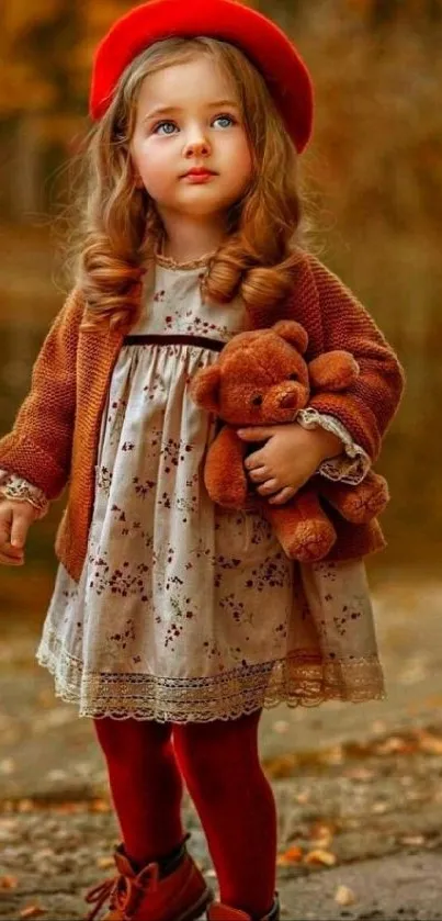 Young girl in autumn attire holding a teddy bear.