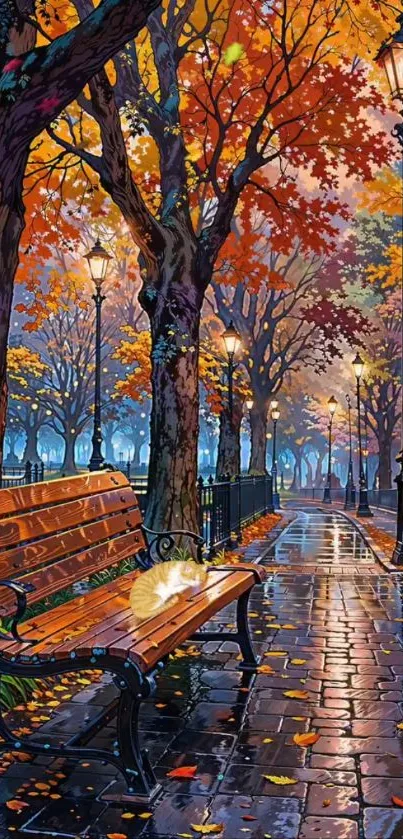 Serene autumn city park with bench and colorful trees.