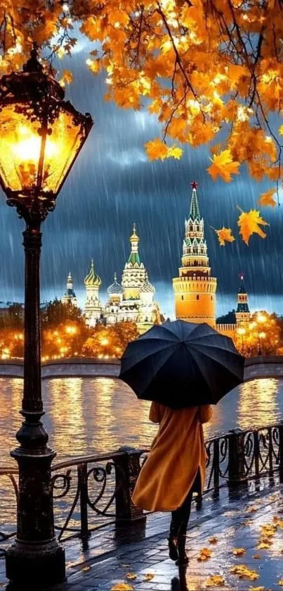 Woman with umbrella in city under autumn leaves.