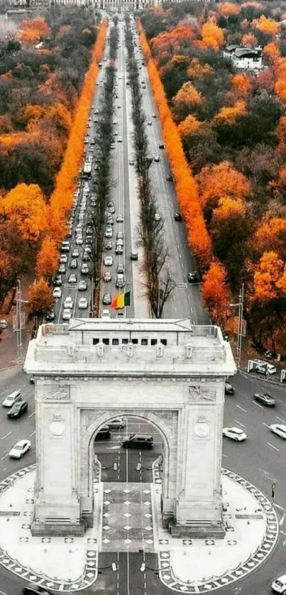 Aerial view of a city boulevard lined with vibrant orange autumn trees.