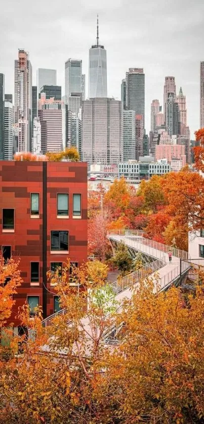 Vibrant city skyline with autumn leaves enhancing the urban landscape.