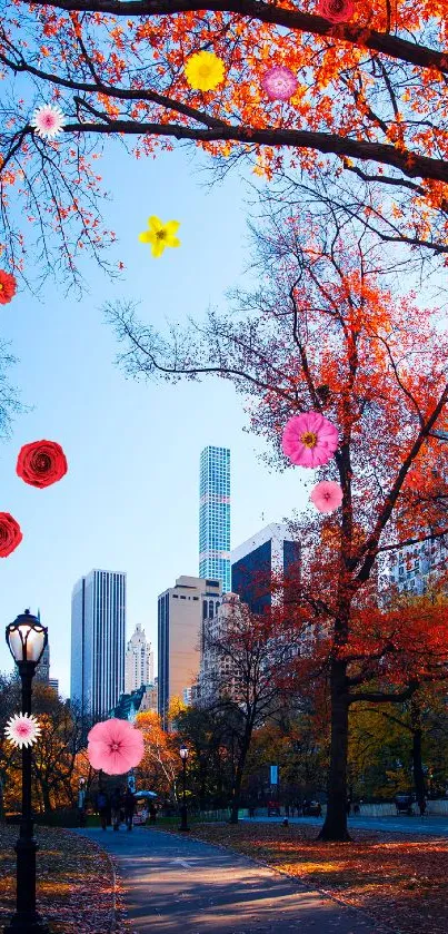 Autumn cityscape wallpaper with vibrant red leaves and clear blue sky.