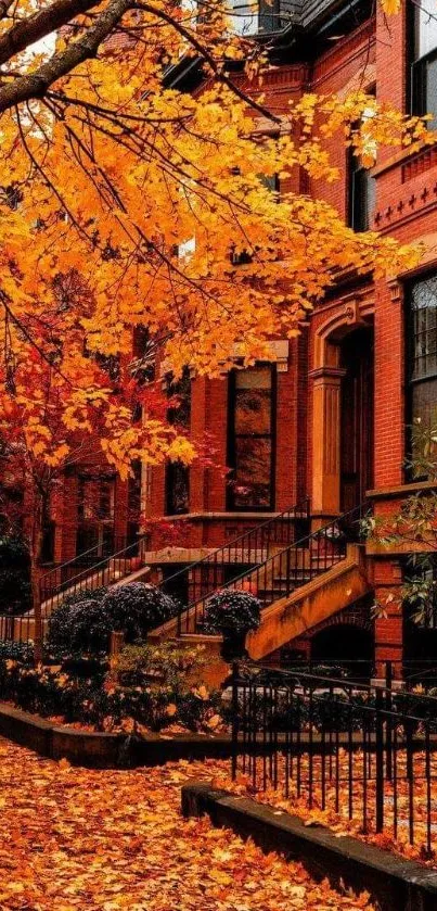 Vibrant autumn cityscape with orange leaves and brick buildings.