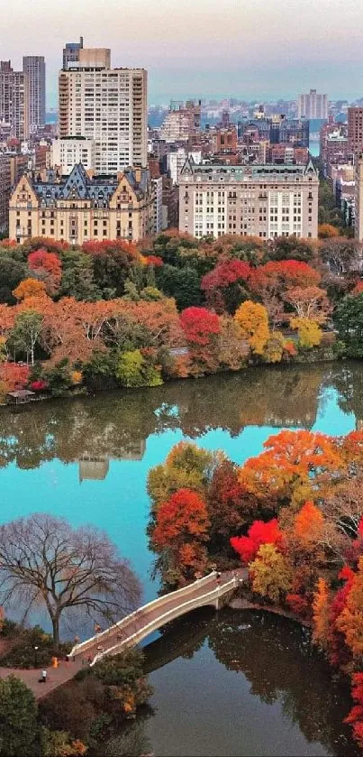 Autumn cityscape with vibrant foliage and serene waters in a city park scene.