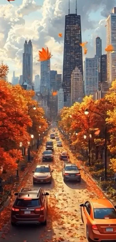 City street in autumn with colorful leaves and skyscrapers.