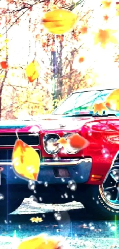 Red classic car with autumn leaves background.