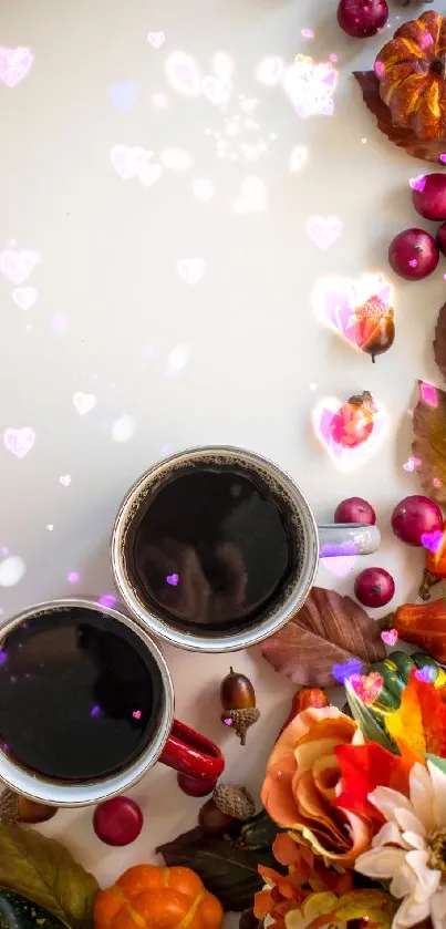 Two coffee cups with autumn decorations on white background.