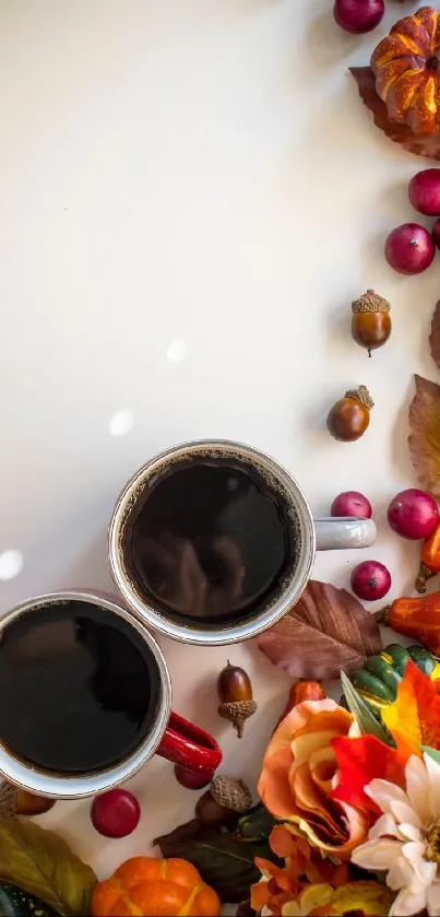 Two coffee cups on a table surrounded by autumnal decorations.