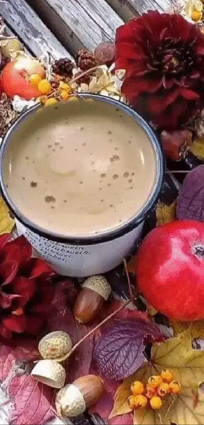 Cozy autumn coffee scene with vibrant leaves and fruits highlighting fall colors.