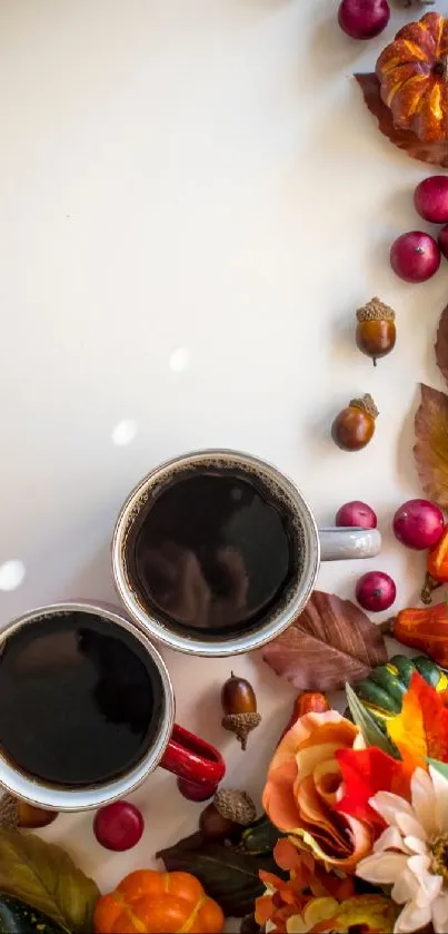 Autumn wallpaper with coffee, pumpkins, and leaves on a white background.