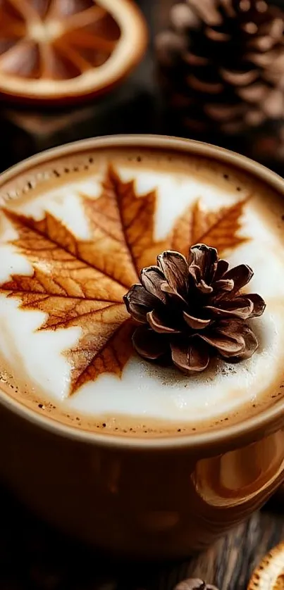 Coffee with autumn leaf and pinecone design