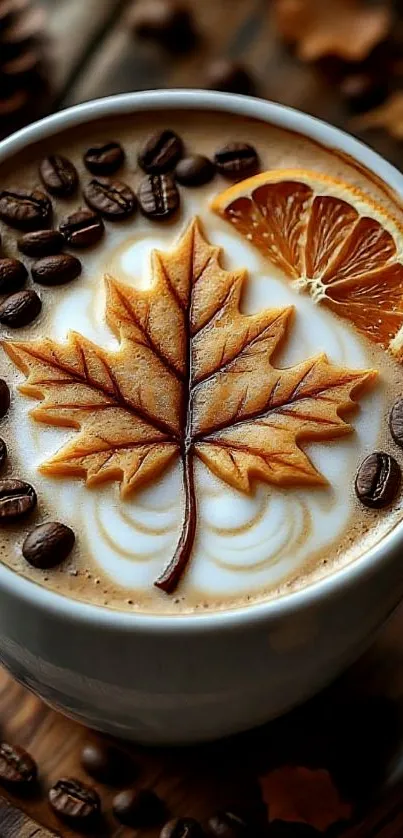Latte with leaf art, coffee beans, and dried oranges on top.