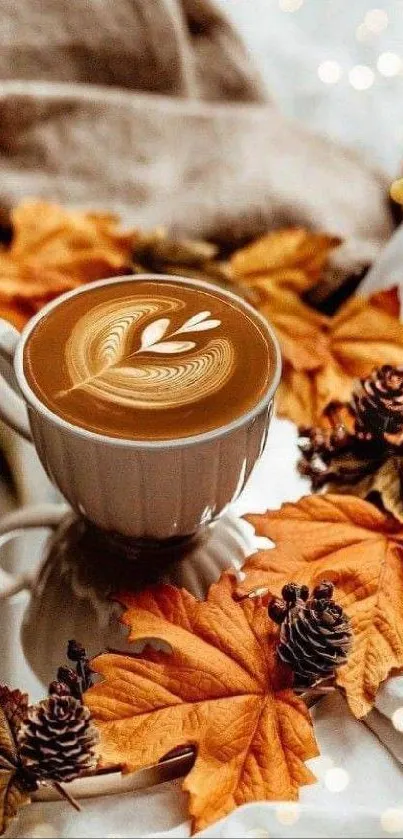 Coffee cup with latte art surrounded by autumn leaves and bokeh lights.