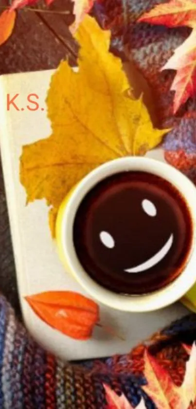 Autumn-themed wallpaper with smiley coffee.