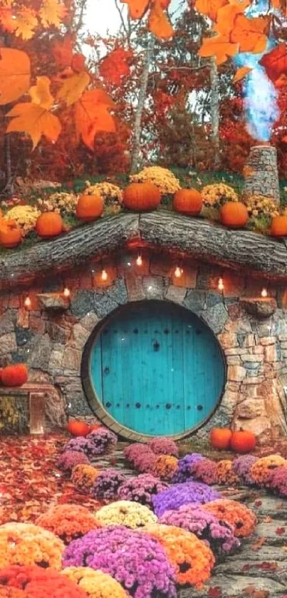 Whimsical cottage with autumn leaves, pumpkins, and colorful flowers.