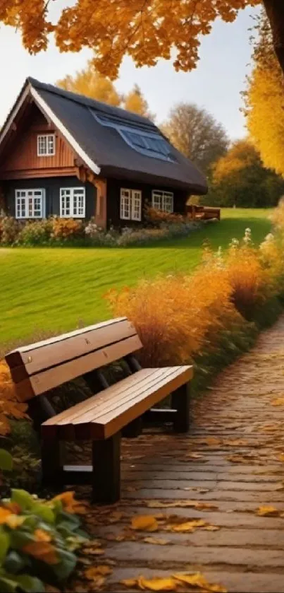 Cottage with autumn leaves and a wooden bench in a serene countryside setting.