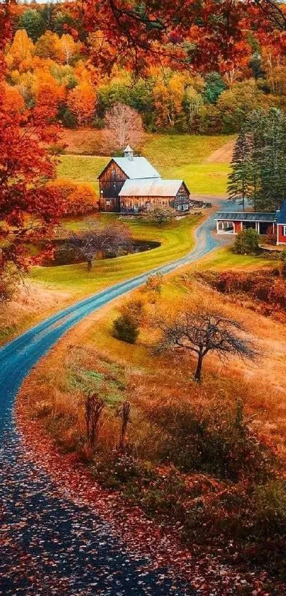 Autumn countryside with colorful leaves and rustic homes.