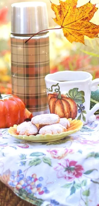 Cozy autumn tea setup with pumpkin decorations and autumn leaves.