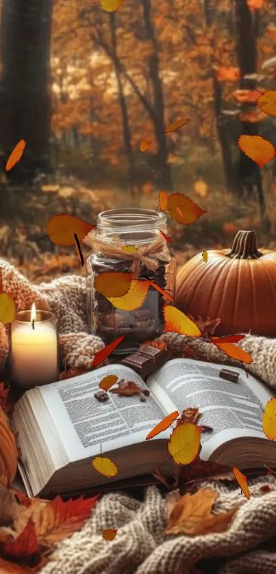 Cozy autumn scene with pumpkins, book, and leaves.