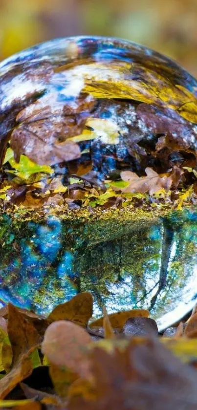 Crystal ball reflecting autumn leaves on a mobile wallpaper.