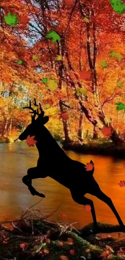 Silhouette of deer amid vibrant autumn foliage by river.