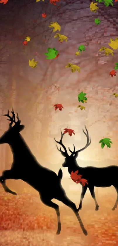 Autumn-themed wallpaper with deer silhouettes and falling leaves.