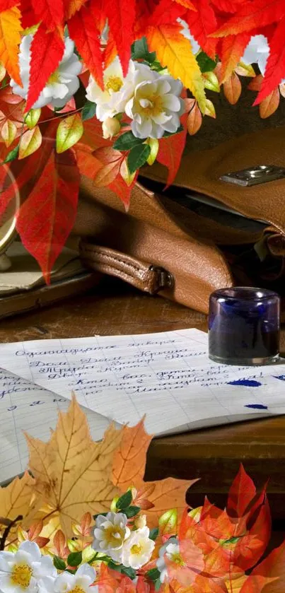 Autumn-themed wallpaper with leaves, flowers, and a vintage desk.