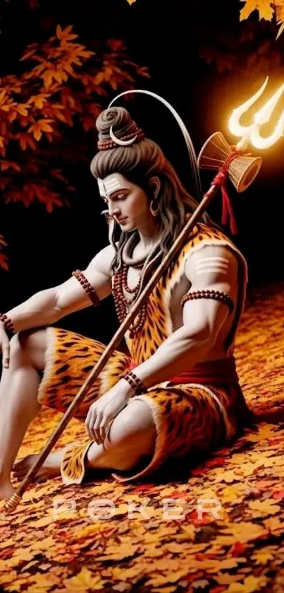 Autumn themed artwork with a serene deity amid fall leaves.