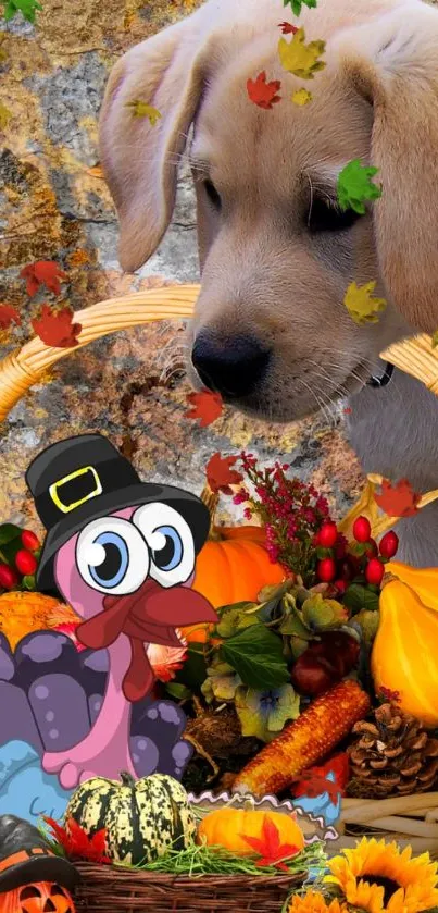 Cute puppy and turkey in an autumn-themed mobile wallpaper.