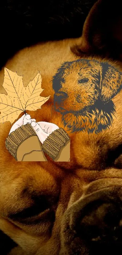 Sleeping dog with autumn-themed art overlay featuring leaves.