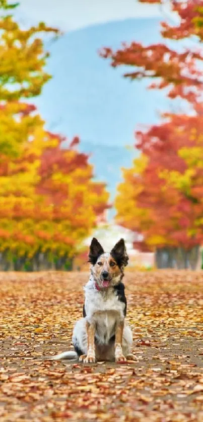 Dog sitting on a leaf-covered path in an autumn-colored forest.