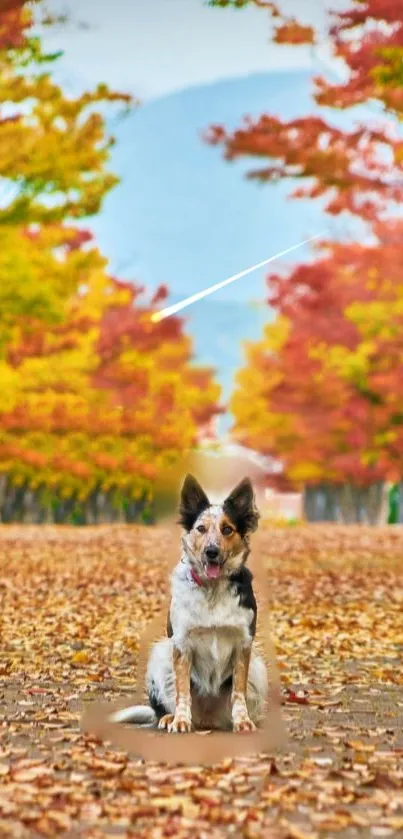 Dog sitting on autumn path with colorful leaves.