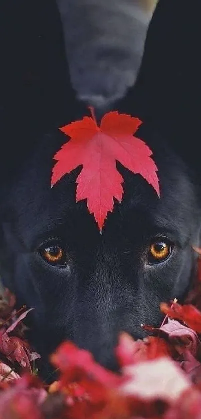 Black dog with red leaf on head amid autumn leaves.